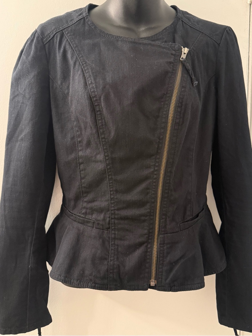 ELLE Black Denim Moto Jacket Womens XS Asymmetric Zip Ruffle Peplum Cotton Blend